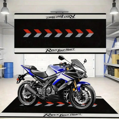Revs Your Heart Motorcycle Mat Crystal Velvet Anti-Slip Garage Floor Mat for Motorbike Parking, Oil Absorbent, Home Garage Decor