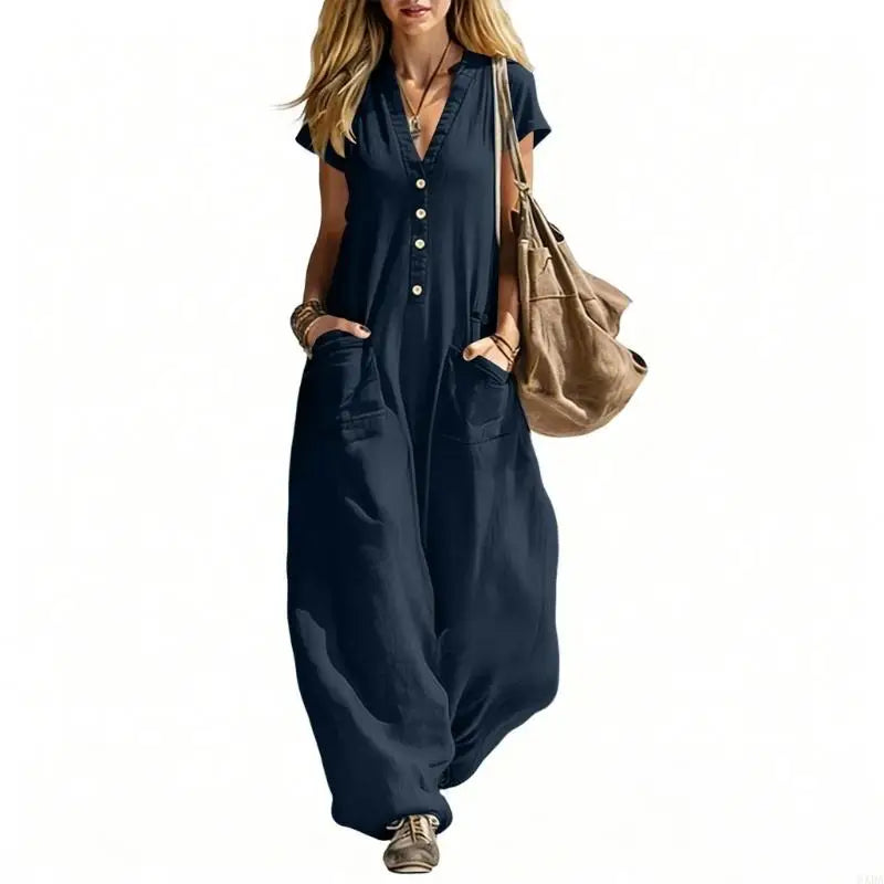 Jumpsuits for Women Linen Button Short Sleeve Jumpsuits Wide Leg V Neck Rompers Vacation Clothes with Pockets 6XDA