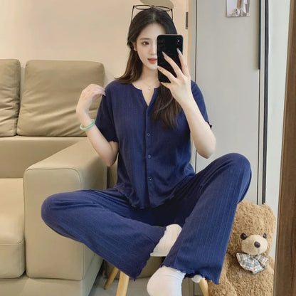 Cotton Fabric Floral Cardigan Printed Pajamas for Women Short-Sleeved Top and Long Pants Sleepwear Homewear Set Ladies Nightwear
