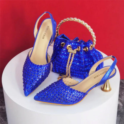 Multicolor Rhinestone Heels & Bag Set | Crystal Pointed Slingback Pumps, Women Wedding Bridal Evening Party Matching Shoes Handb