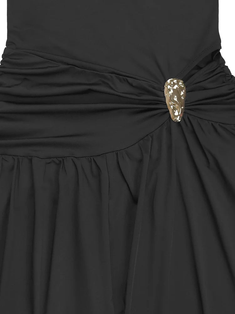 Beyprern Sexy Ruched Wide Leg Jumpsuit Women Elegant High Waist Sleeveless One Piece Outfits Summer Loose Floor Length Rompers