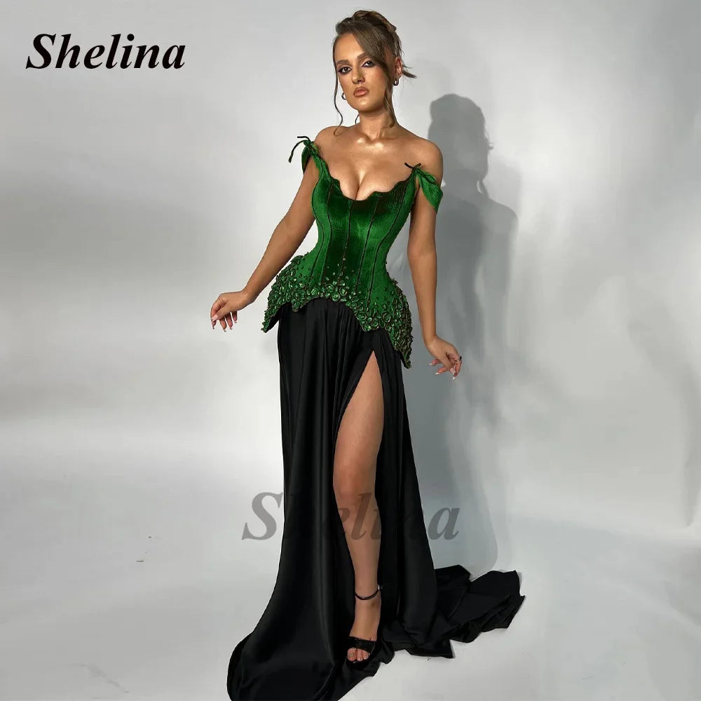 Shelina Stylish Satin Prom Dresses for Women A-line Off the Shoulder High Slit Scalloped Neck Robes De Soiree Customized