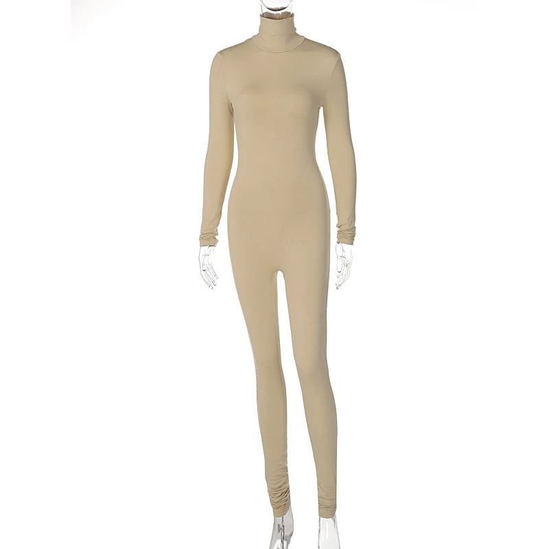Hugcitar Fall Long Sleeve Solid Turtleneck Sexy Skinny Bodycon Jumpsuit Women Fashion Streetwear Sport Casual Romper Overalls