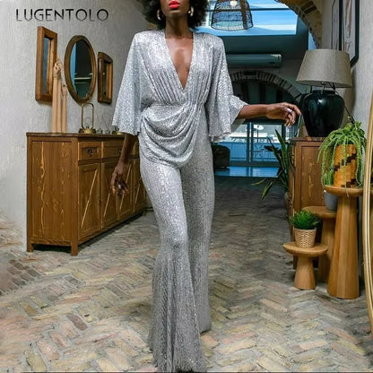 Women's Sequin Jumpsuit Sexy Deep V Backless Lady Elegant Fashion Half Sleeve Wide-leg Trousers New Party Jumpsuits