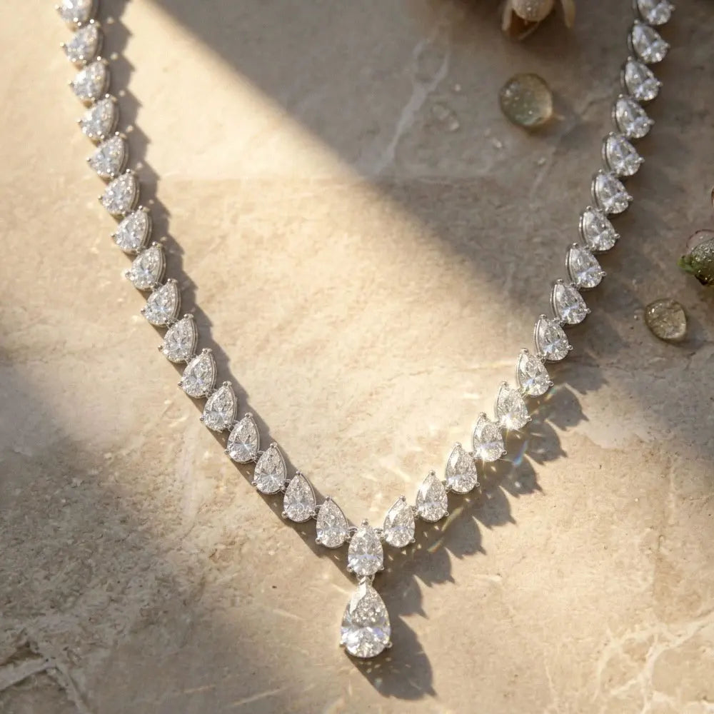 KNOBSPIN Pear Cut Moissanite Tennis Necklaces for Women Lab Diamond s925 Sterling Silver plated 18k Wedding Moissanite Necklace