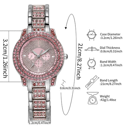 3PCS Luxury Rhinestone Women Watch Diamond Jewelry Set Elegant Steel Ladies Quartz Wristwatch Reloj Mujer（Without Box）