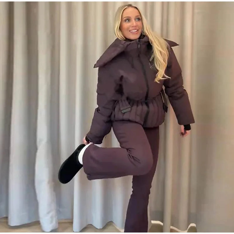 Women's Chic White Hooded Ski Jumpsuit with Waist Belt Warm Snowproof One-Piece Snow Wear Winter Sports Fashion Lady Snowsuit