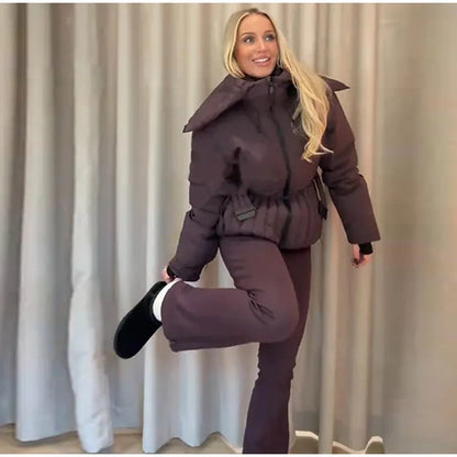 Women's Chic White Hooded Ski Jumpsuit with Waist Belt Warm Snowproof One-Piece Snow Wear Winter Sports Fashion Lady Snowsuit