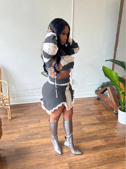 CM.YAYA Women's Set Knit Long Sleeve Crop Sweater + Irregular Mini Skirts 2025 Active Street Two 2 Piece Sets Outfits Tracksuit