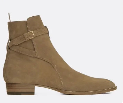Brown Men Chelsea Boots Handmade High-quality Cow Suede Business Casual Square Toe Mid-heel Men Shoes Motorcycle Boots With Heel