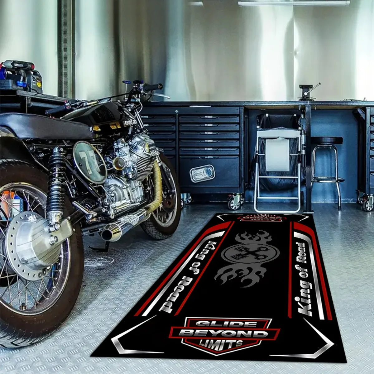 VIKAMA Motorcycle Display Mat King of the Road Non Skid Oil Proof Garage Rug for Boys Bedroom E-Sports Room Decoration