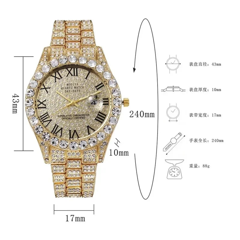 Luxury Gold Sparkling Rhinestone Iced Out Watch Unisex Quartz Calendar Wristwatch Men Women Party Jewelry Clock