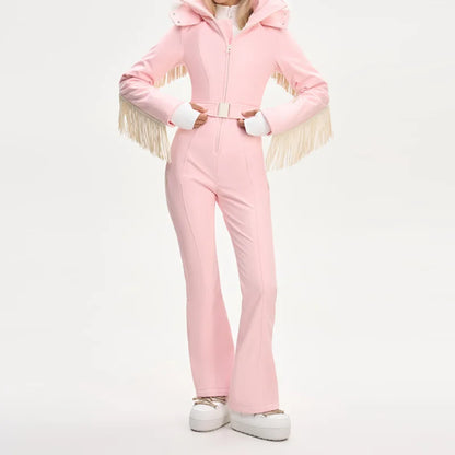 Thicken One-piece Ski Suit Women Faux Fur Hooded Tassels Coat High Waist Belt Jumpsuit 2025 Winter Windproof Waterproof Skiwears