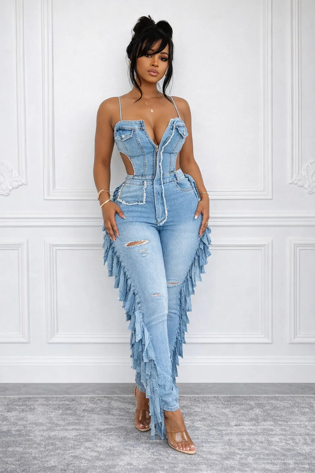 Hollow Out Tassel Jeans Jumpsuit Sexy Women Spaghetti Strap Elegant Streetwear Denim Pencil Overalls Romper