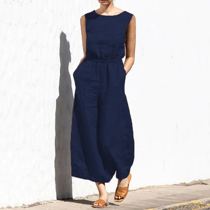 Jumpsuits Women New Summer Solid Color high-waisted Sleeveless Elastic Waist Casual Loose Temperament Rompers Clothing JYFS6542