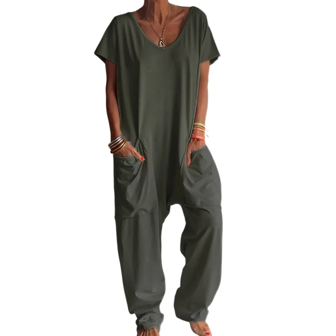 Women Summer Solid V Neck Jumpsuit European Hot Oversized Pockets Low Crotch Loose Rompers Ladies Casual Daily Outfit