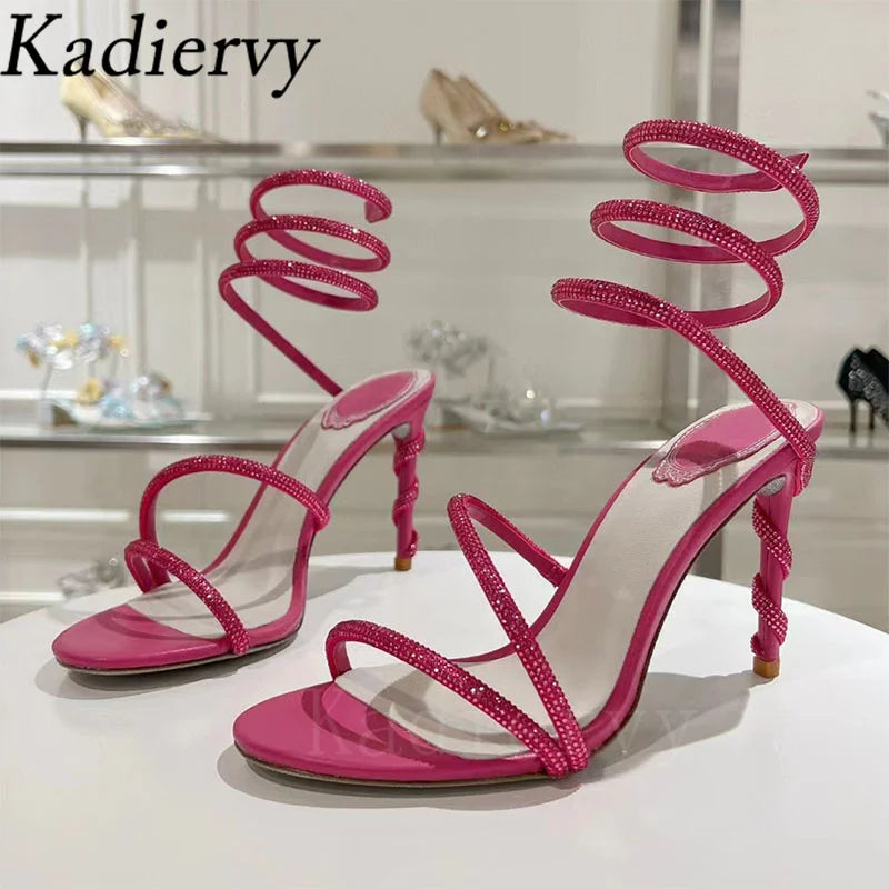 Luxury High Heels Sandals Woman Rhinestone Snake Twine Around Ankle Strap Wedding Shoes Stiletto Summer Gladiator Sandals Women