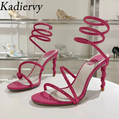Luxury High Heels Sandals Woman Rhinestone Snake Twine Around Ankle Strap Wedding Shoes Stiletto Summer Gladiator Sandals Women