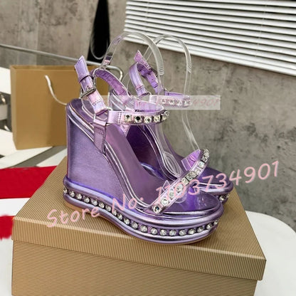 Crystal Wedges Belt Buckle Metallic Sandals Female Chic Open Toe Ankle Strap Shoes Women Luxury Party Elegant Round Toe Sandals