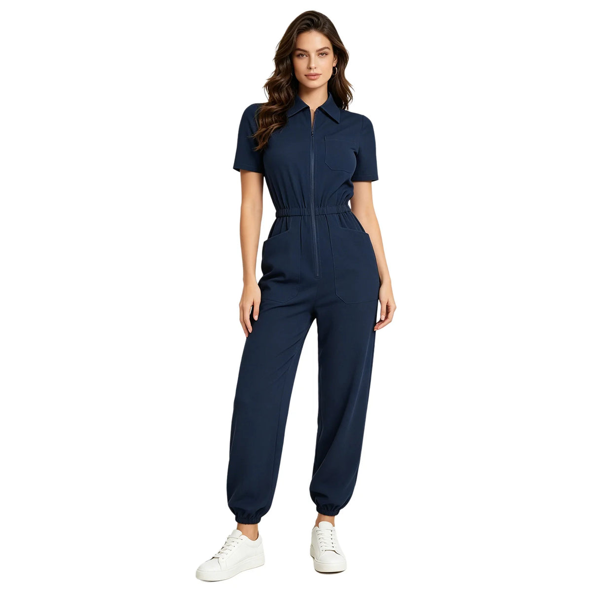 Womens Scrubs Jumpsuit Soft Stretch Medical Scrub Set with Pockets Front Zipper Elastic Waist Jogger Pants Nurse Doctor Workwear