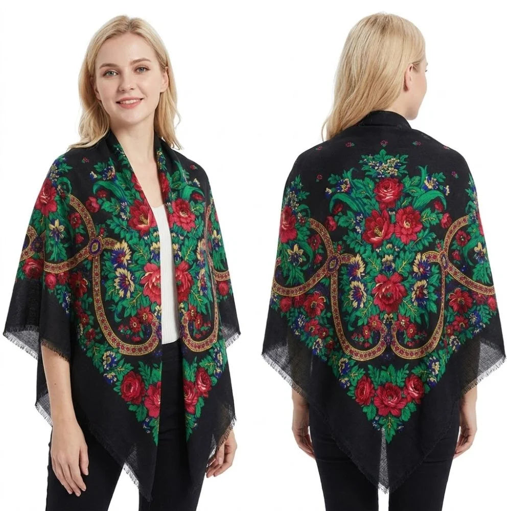 130×130cm Women's Shawl Scarves Thin Luxury Russian National Square Scarf Floral Print Breathable Ethnic Shawl Bandana Summer