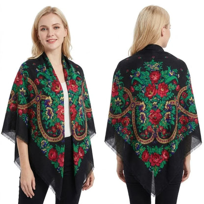 130×130cm Women's Shawl Scarves Thin Luxury Russian National Square Scarf Floral Print Breathable Ethnic Shawl Bandana Summer