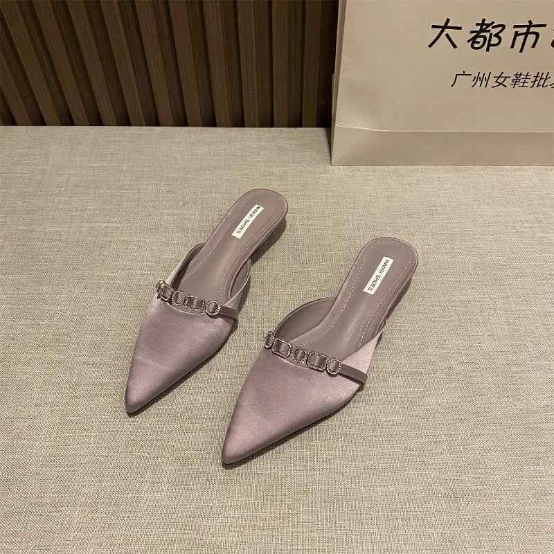 2025 New Luxury Fashion Rhinestones Ladies Heeled Slippers Sandals Shoes Female Low Heel Slides Slippers Shoes for Women Mules
