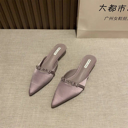 2025 New Luxury Fashion Rhinestones Ladies Heeled Slippers Sandals Shoes Female Low Heel Slides Slippers Shoes for Women Mules