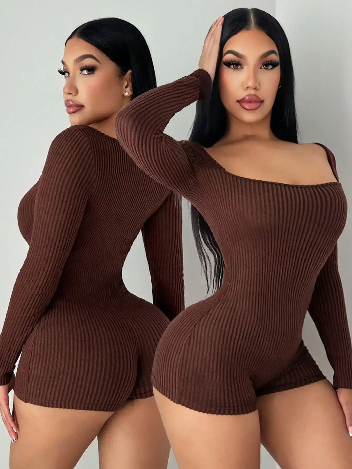 Fashionable Sexy Square Neck Solid Color Long Sleeve Slim Fit Ribbed Onesie Pants