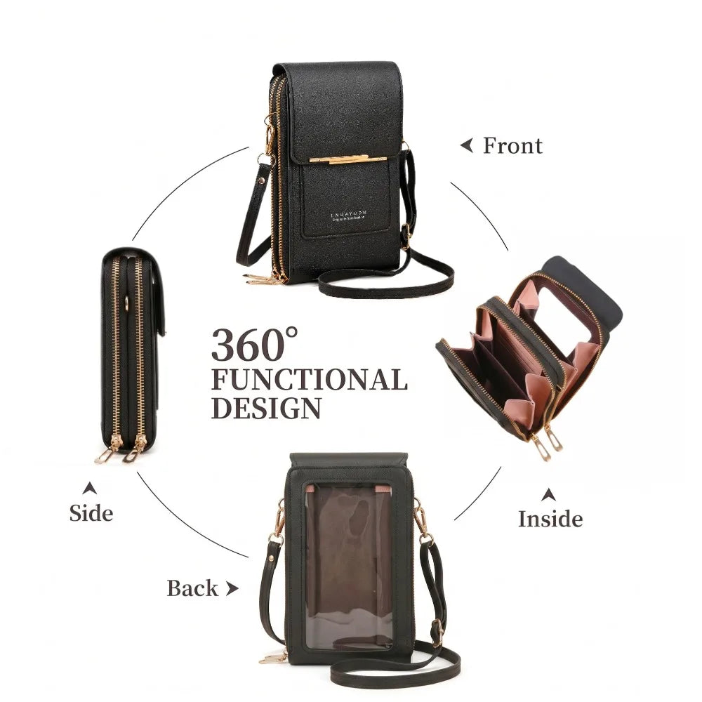 RFID Blocking Touch Screen Cell Phone Bag Women Mini PU Leather Lightweight Card Holder Crossbody Shoulder Bag Adjustable Strap