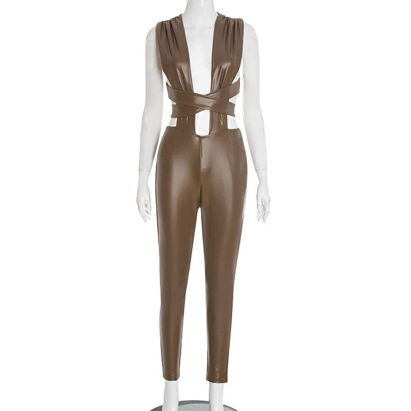 Sexy Bandage Leather Jumpsuits Woman 2025 Winter Fall Party Club Elegant Bodycon Luxury One Piece Jumpsuit Bodysuit Playsuit