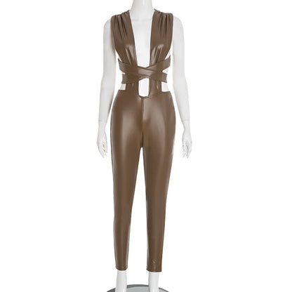 Sexy Bandage Leather Jumpsuits Woman 2025 Winter Fall Party Club Elegant Bodycon Luxury One Piece Jumpsuit Bodysuit Playsuit