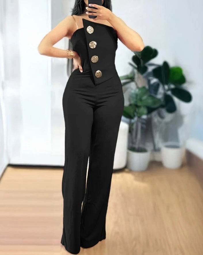 Jumpsuit Women Spring Fashion Rhinestone Fishnet Patch Sexy Plain Asymmetrical Neck Long Sleeve Skinny Daily Flared Leg Jumpsuit