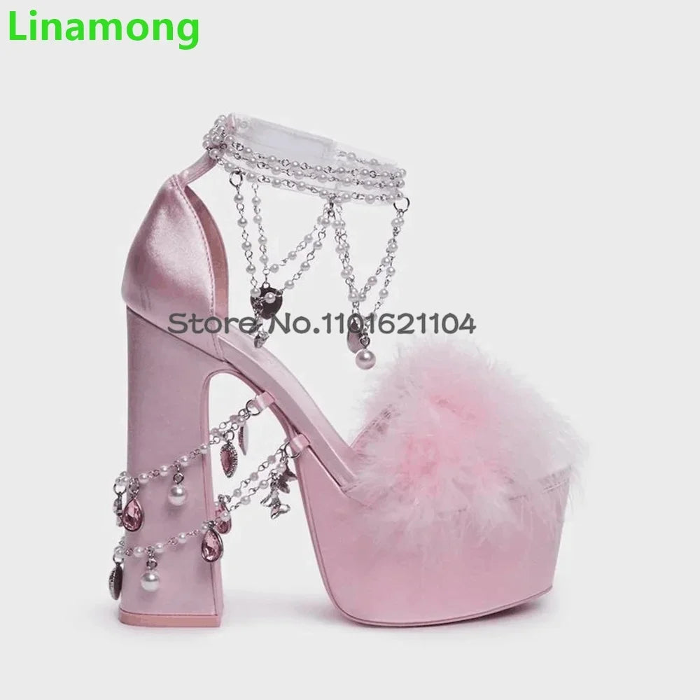 Pink Fur Crystal Chain Luxury Design Sandals For Female Women 2024 New Square Heel Platform Elegant Fashion Sweet Summer Shoes