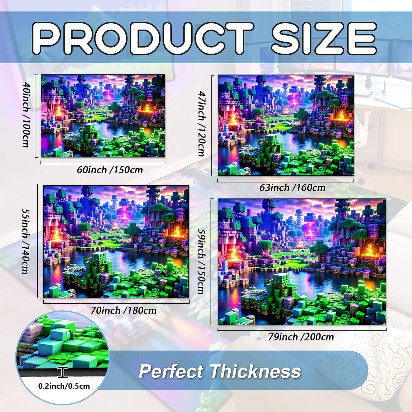 Neon Voxel World Print Area Rug, Colorful Blocky Pixel Scene Floor Mat for Gaming Room, Bedroom, Non-Slip Washable Carpet