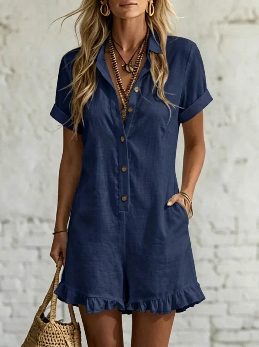 2026 New Women Lapel Short Sleeve Solid One-Piece Romper Fashion Ruffles Patchwork Loose Casual Button Pockets Shorts Jumpsuit