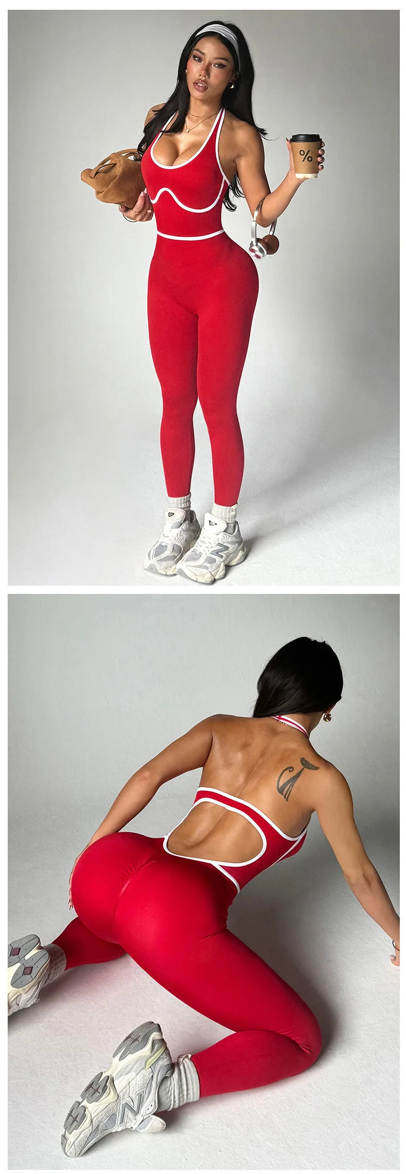 European Style Line Block Bodysuit Women One Piece Yoga Set Seamless Fitness Set Long Pants Gym Workout Fashion Sports Bodysuit