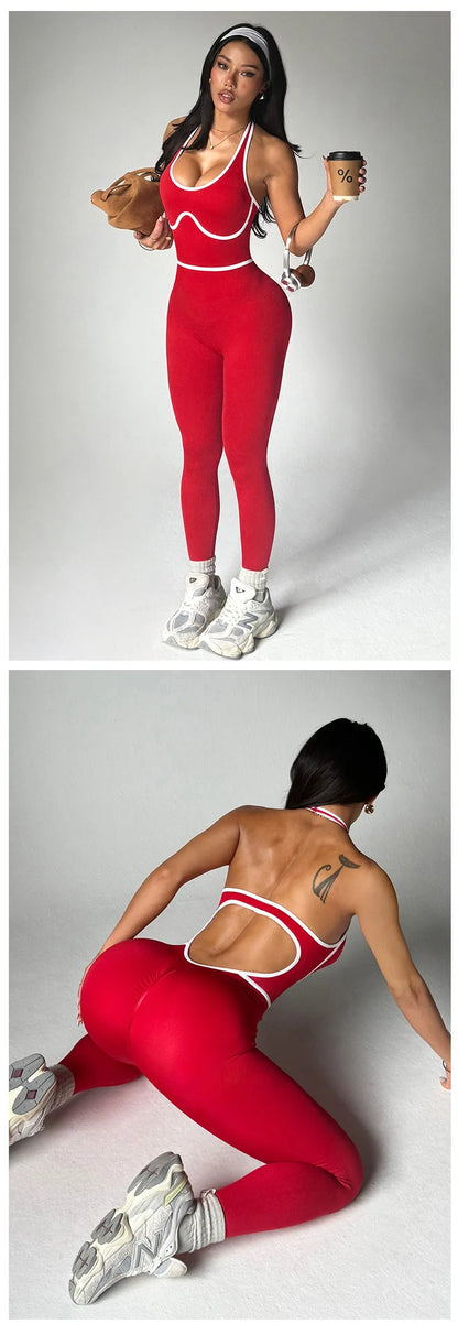 European Style Line Block Bodysuit Women One Piece Yoga Set Seamless Fitness Set Long Pants Gym Workout Fashion Sports Bodysuit