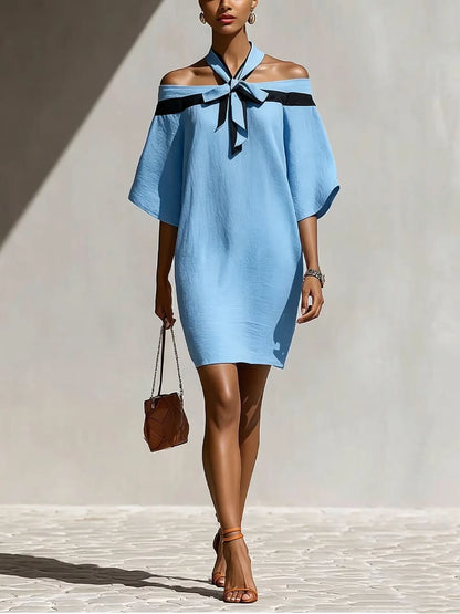 Elegant Temperament Women's Color Blocked Off Shoulder One Shoulder Summer Bow Collar Decorated With Bat Sleeves Mini Dress New