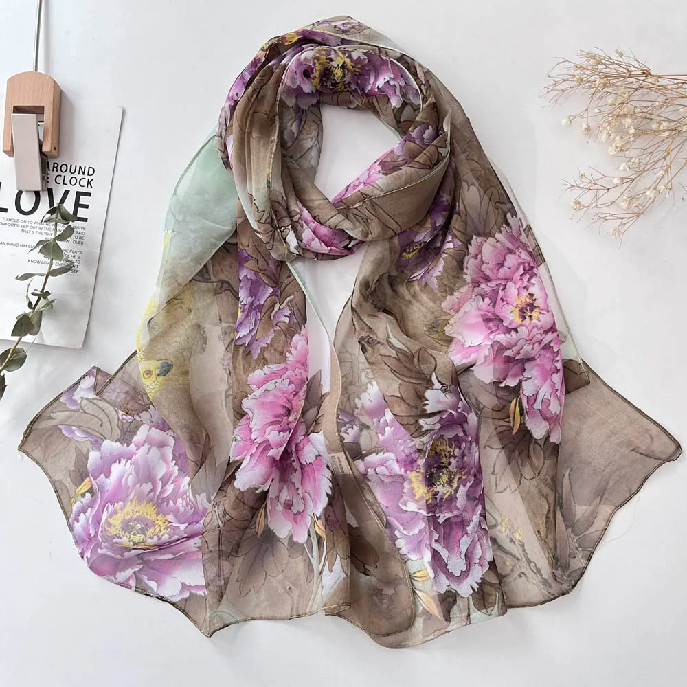 Hot Fashion Summer Chiffon Georgette Scarf Parrot Peony Print Women Foulard Long Shawl&Wrap Bandana Elegant Thin 50*160cm M163