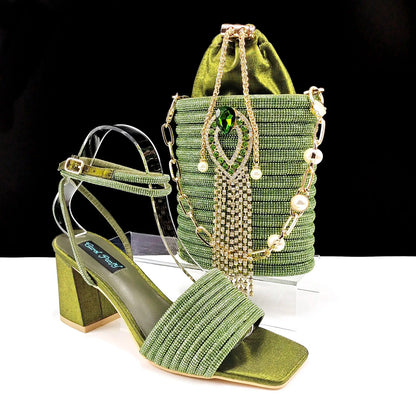 Stylish And Special Olive Bright Bag Match Women's Sandals Set With Big Diamond Tassels And Long And Short Double Chains