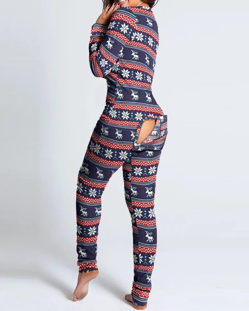 New Women Pajamas Sexy V-neck Jumpsuit Plaid Casual Long Sleeve Pyjama Button-down Front Functional Buttoned Flap Sleepwear