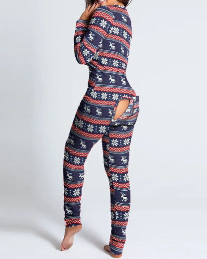 New Women Pajamas Sexy V-neck Jumpsuit Plaid Casual Long Sleeve Pyjama Button-down Front Functional Buttoned Flap Sleepwear