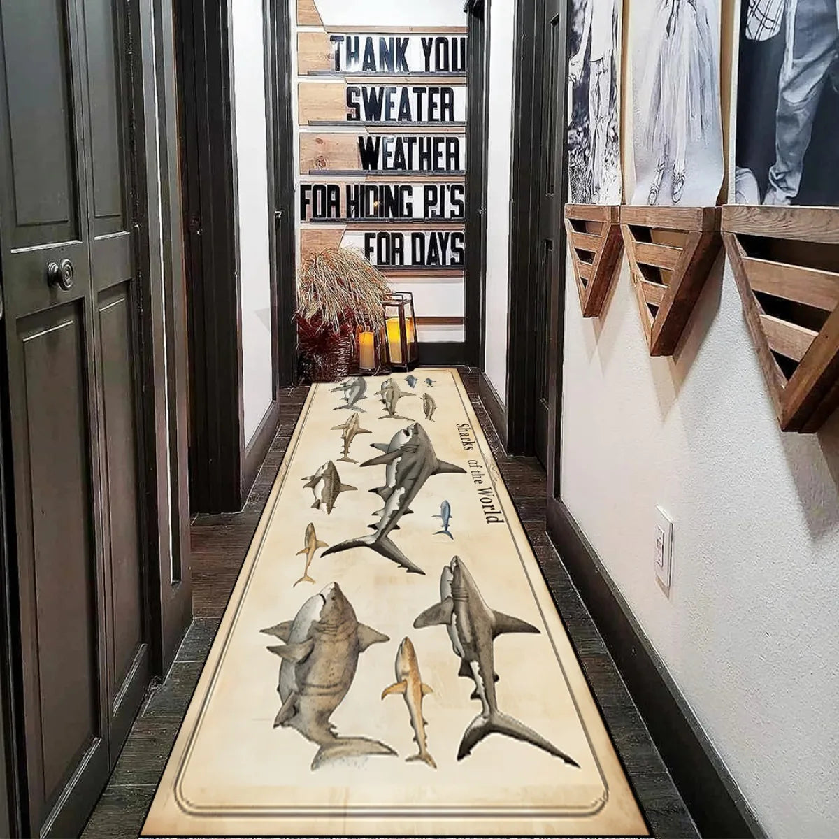 Retro Vintage Various Shark Species Print Long Runner Rug, Non-Slip Washable Rug for Kitchen, Entryway, Bathroom & Living Room