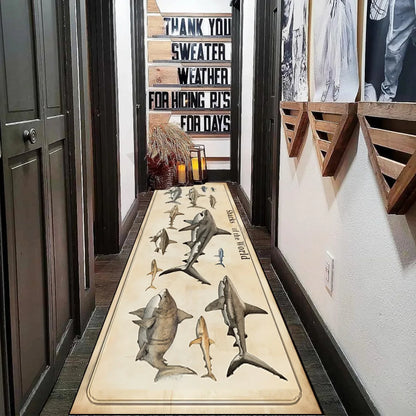 Retro Vintage Various Shark Species Print Long Runner Rug, Non-Slip Washable Rug for Kitchen, Entryway, Bathroom & Living Room