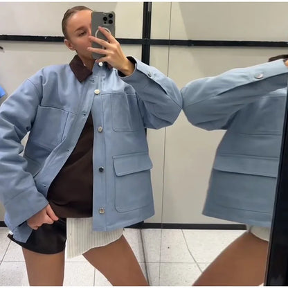 Faux Leather Bomber Jacket Oversized Collared Long Sleeve 2026 Spring Edgy Women Faux Leather Coat Fashion  Bold Lady Outerwear