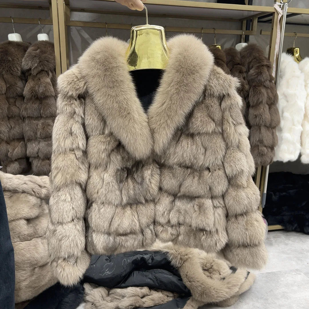 HUA QIU MEI SI Women's Natural Fox Fur Jacket with Fox Collar for Winter Warmth, Short Style Real Fox Fur Leather Jacket