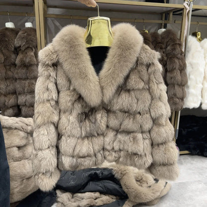 HUA QIU MEI SI Women's Natural Fox Fur Jacket with Fox Collar for Winter Warmth, Short Style Real Fox Fur Leather Jacket