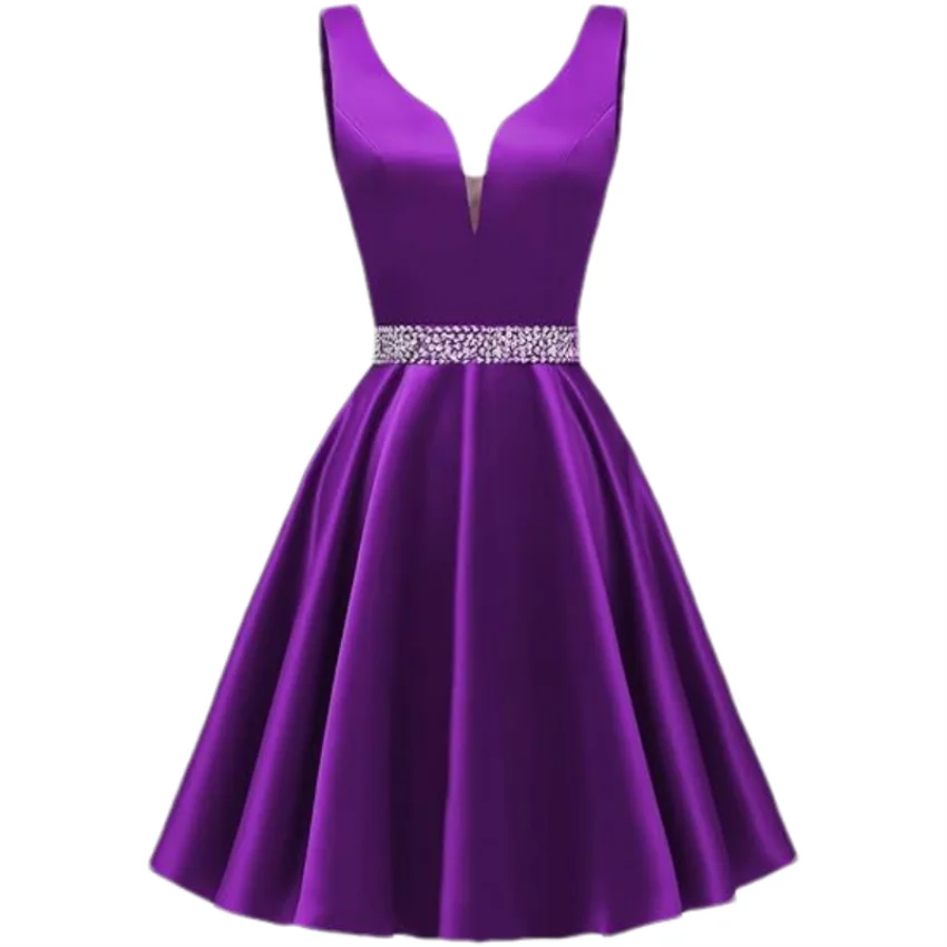 Customized Simple Satin Homecoming Dresses for Teens Short Prom Dress V-Neck Beaded Belts Evening Formal Cocktail Party Gowns