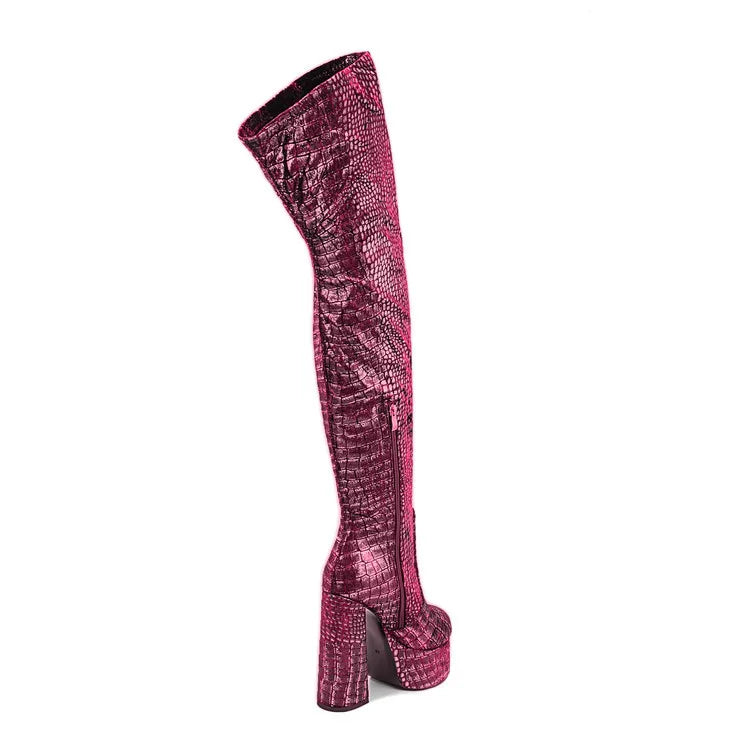 15CM Chunky Heel Platform Woman Over-the-knee Snake Pattern Boots Wild T Show Shoes Sexy Slimming Stretch Thigh Boots For Women
